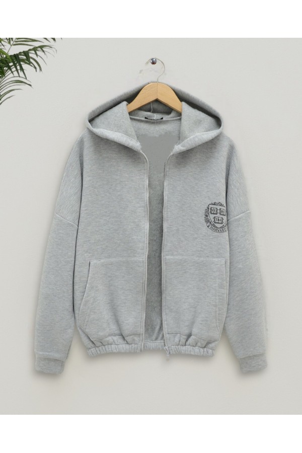 Elastic Skirt Hooded Written Sweat -Grey