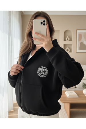 Eteği Lastikli Kapşonlu Yazılı Sweat -Siyah