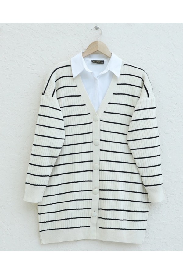 Long Knitwear Cardigan with Ribbed Buttons -Cream color