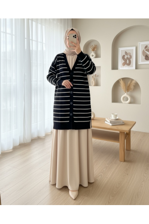 Fitilli Düğmeli Uzun Triko Hırka -Siyah