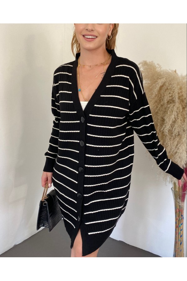 Long Knitwear Cardigan with Ribbed Buttons -Black