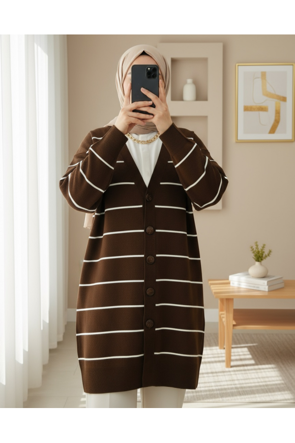Buttoned Long Knitwear Cardigan -Brown