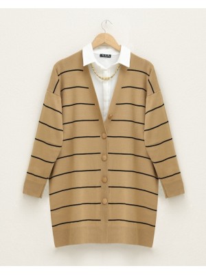 Düğmeli Uzun Triko Hırka -Vizon