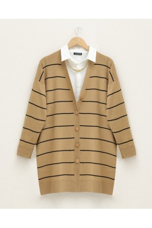 Düğmeli Uzun Triko Hırka -Vizon