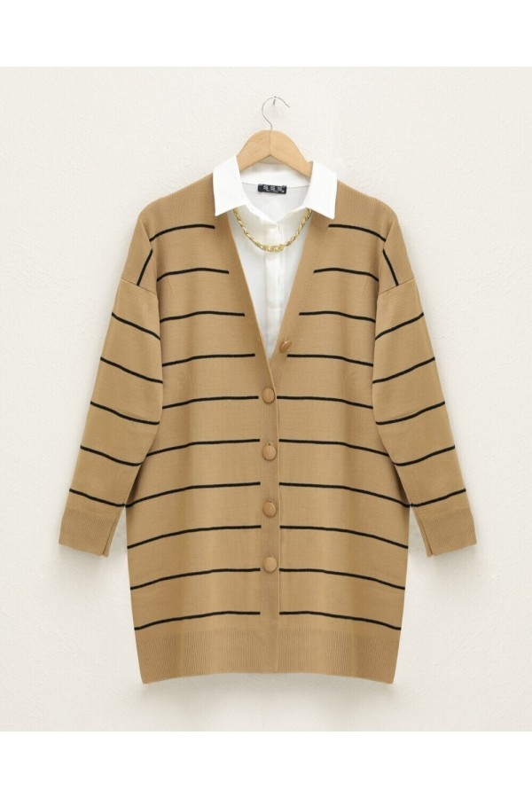 Buttoned Long Knitwear Cardigan -Mink color