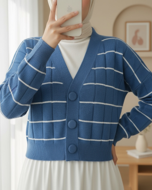 Büyük Düğmeli Triko Hırka  -Mavi