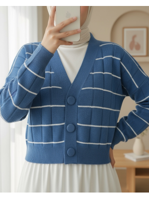 Büyük Düğmeli Triko Hırka  -Mavi