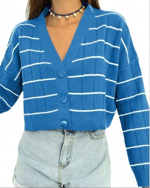 Büyük Düğmeli Triko Hırka  -Mavi