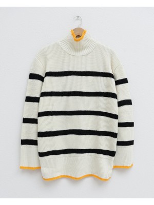 Yarım Boğazlı Örgün Desen Triko Tunik -Krem