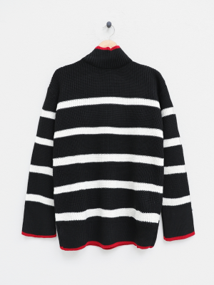 Yarım Boğazlı Örgün Desen Triko Tunik -Siyah