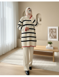 Yarım Boğazlı Örgün Desen Triko Tunik -Taş