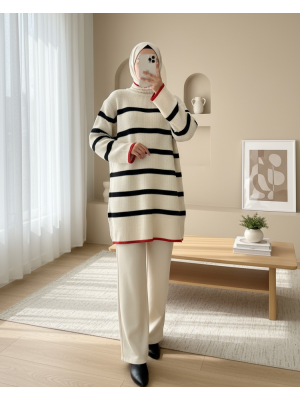 Yarım Boğazlı Örgün Desen Triko Tunik -Taş