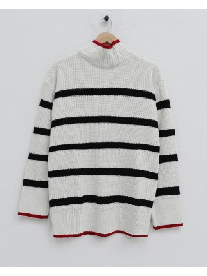 Yarım Boğazlı Örgün Desen Triko Tunik -Taş