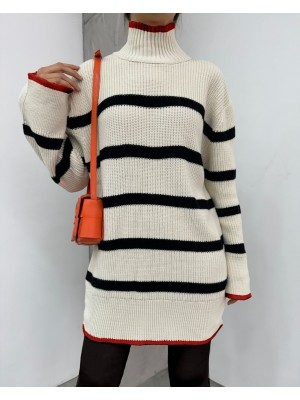 Yarım Boğazlı Örgün Desen Triko Tunik -Taş