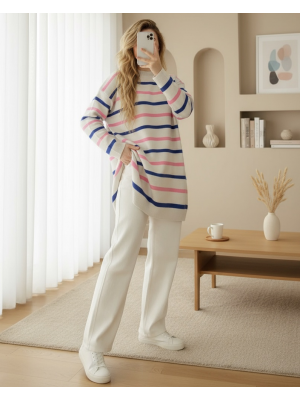 Bisiklet Yaka Çizgili Triko Tunik -Krem