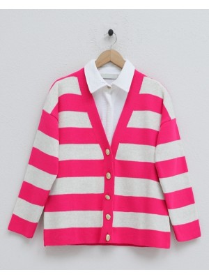 Kalın Çizgili Araboy Triko Hırka  -Fuşya