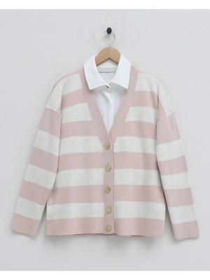 Kalın Çizgili Araboy Triko Hırka  -Pembe