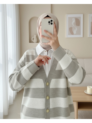 Kalın Çizgili Araboy Triko Hırka  -Vizon