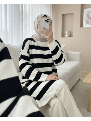 Bisiklet Yaka Yan Çizgili Triko Tunik -Siyah