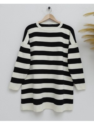 Bisiklet Yaka Yan Çizgili Triko Tunik -Siyah