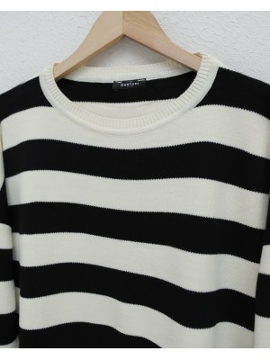 Bisiklet Yaka Yan Çizgili Triko Tunik -Siyah