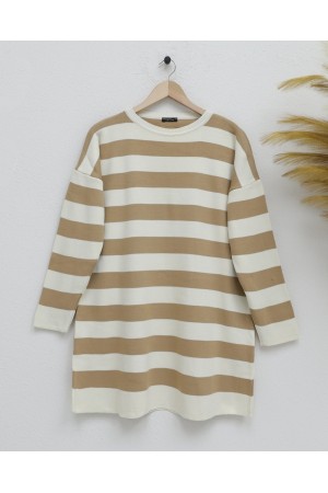 Crew Neck Side Striped Knitwear Tunic -Mink color