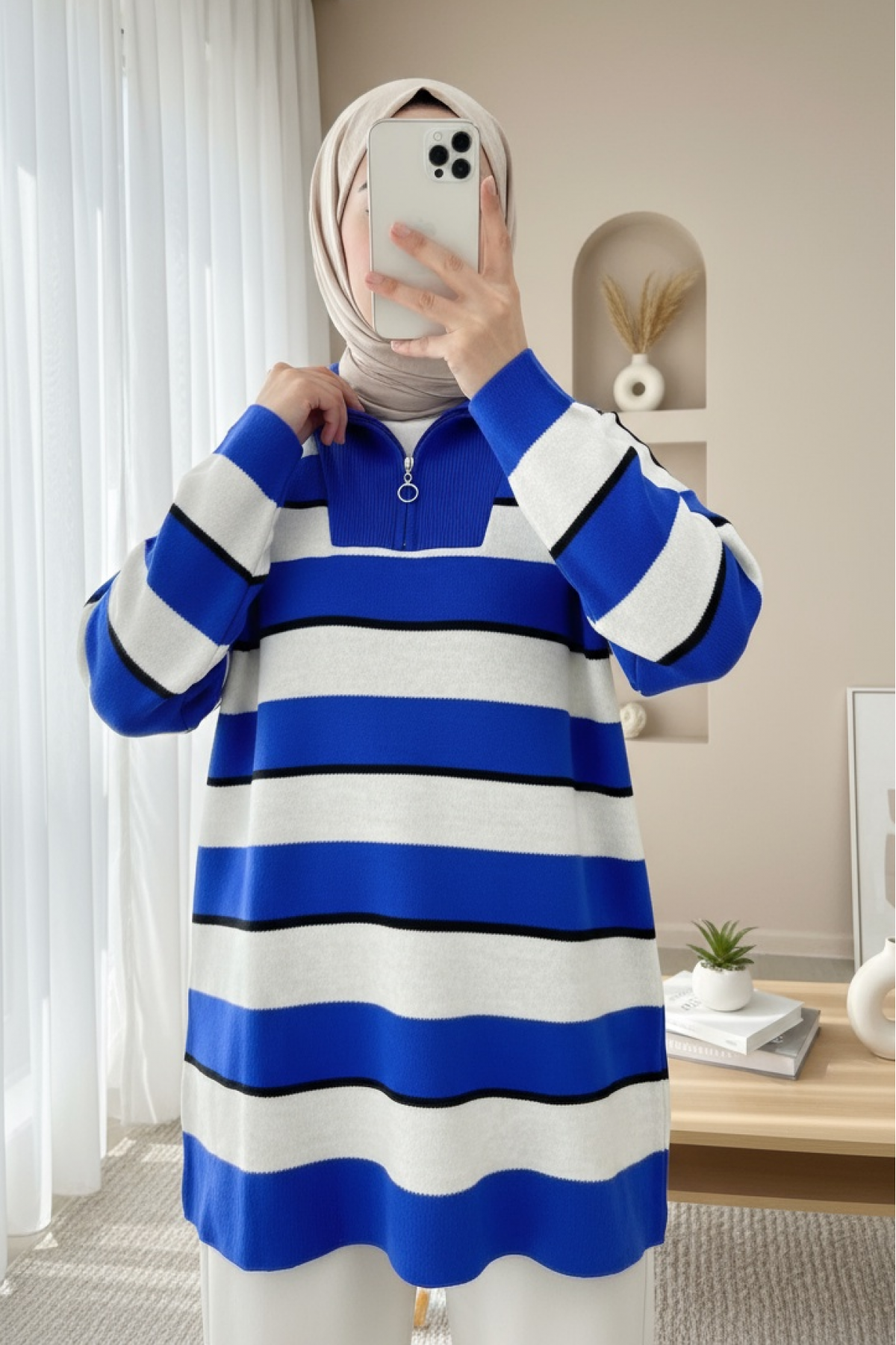 Half Zipper Turtleneck Knitwear Tunic -Saxe 