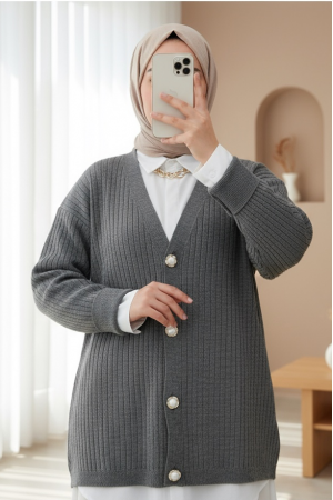 Düğmeli Fitilli  Triko Hırka -Füme