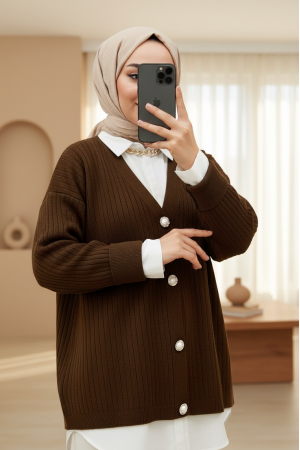 Düğmeli Fitilli  Triko Hırka -Kahve