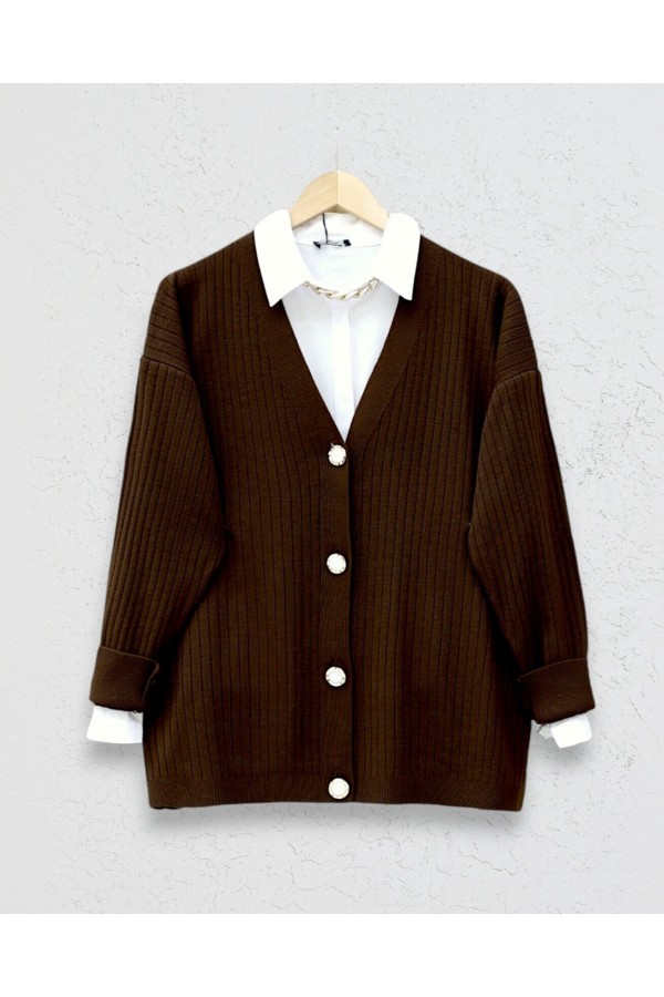 Buttoned Ribbed Knitwear Cardigan -Brown