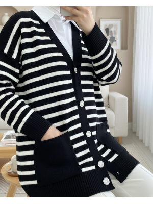 Çift Cepli Çizgili Triko Hırka -Siyah