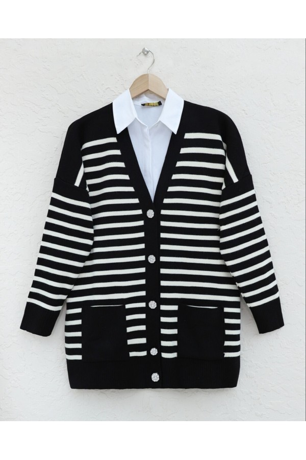 Double Pocket Striped Knitted Cardigan -Black