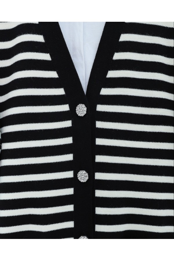 Double Pocket Striped Knitted Cardigan -Black