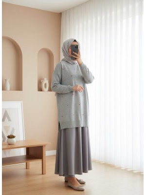 Kalp Nakışlı Bisiklet Yaka Triko Tunik -Gri