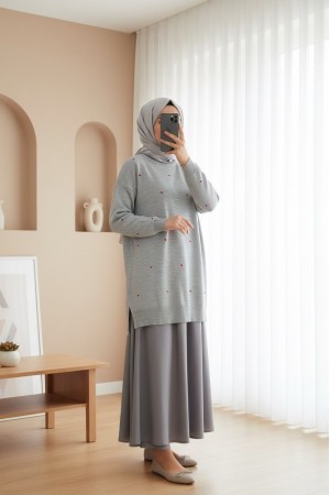 Kalp Nakışlı Bisiklet Yaka Triko Tunik -Gri