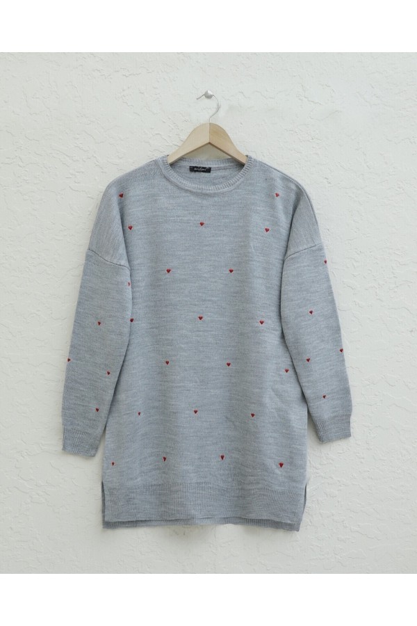 Heart Embroidered Crew Neck Knit Tunic -Grey