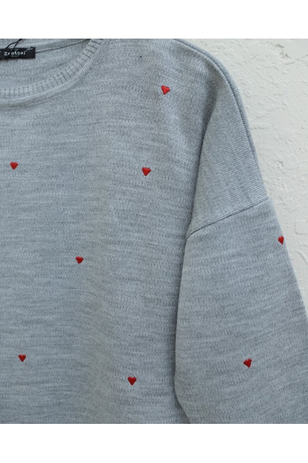 Heart Embroidered Crew Neck Knit Tunic -Grey