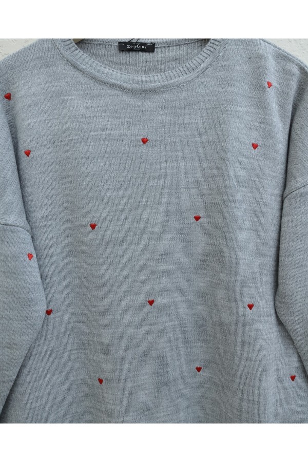 Heart Embroidered Crew Neck Knit Tunic -Grey