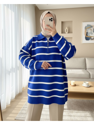 Polo Yaka Fermuarlı Triko Tunik -Saks