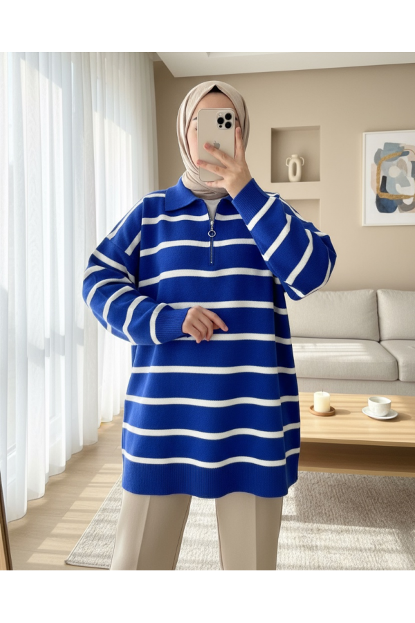 Polo Yaka Fermuarlı Triko Tunik -Saks