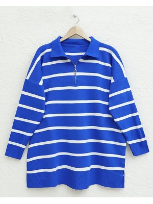 Polo Yaka Fermuarlı Triko Tunik -Saks