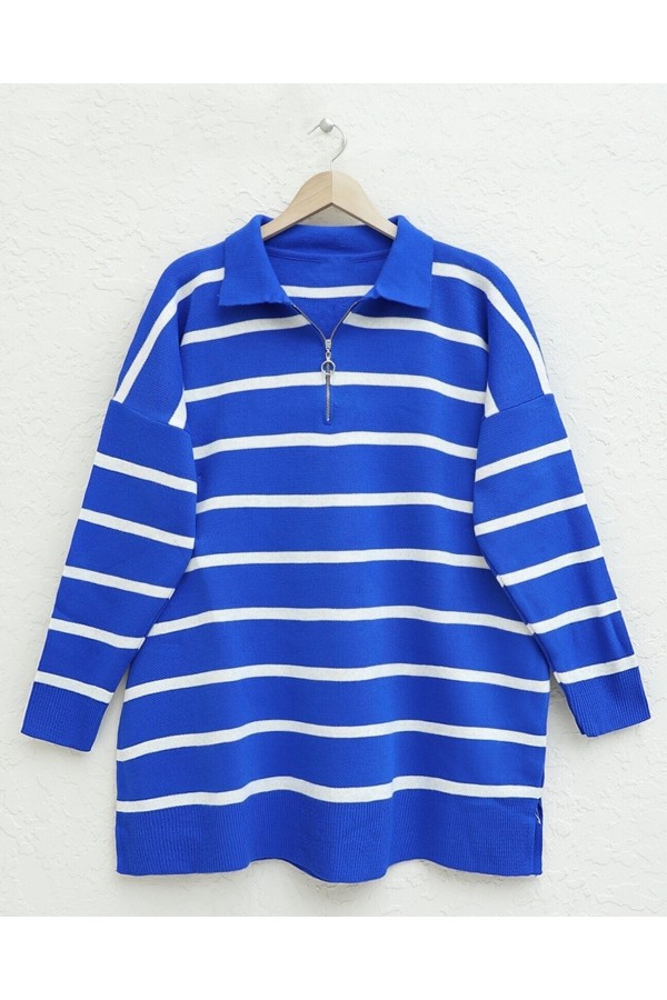 Polo Yaka Fermuarlı Triko Tunik -Saks