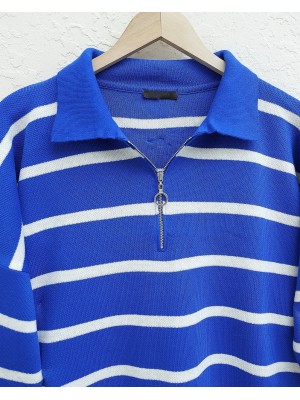 Polo Yaka Fermuarlı Triko Tunik -Saks