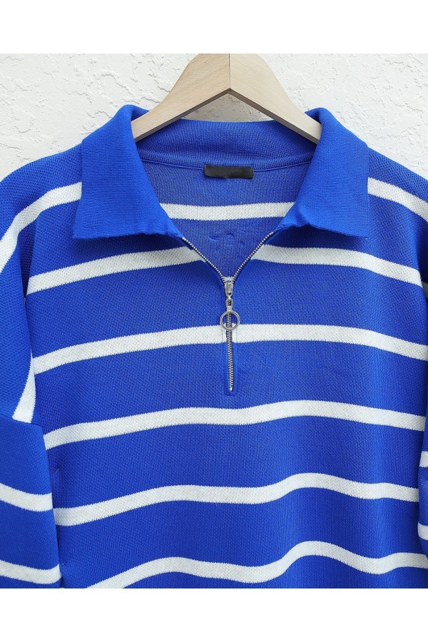 Polo Yaka Fermuarlı Triko Tunik -Saks