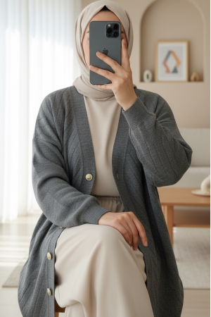 Çapraz Çizgili Broş Düğmeli Triko Hırka -Füme