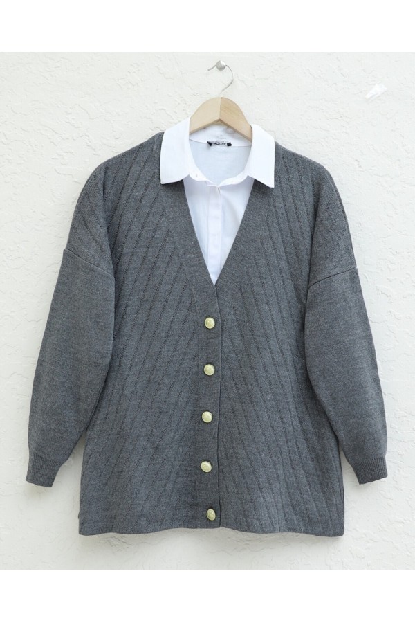 Cross Striped Brooch Buttoned Knitwear Cardigan -Smoked 