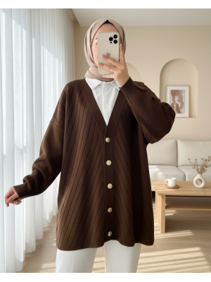 Çapraz Çizgili Broş Düğmeli Triko Hırka -Kahve