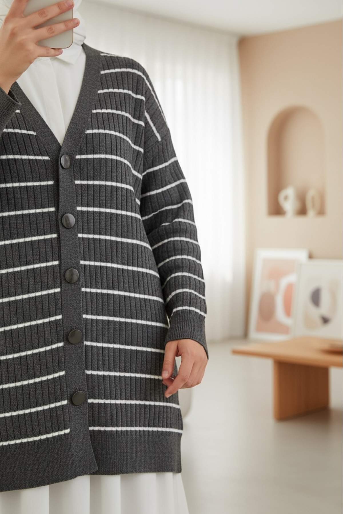 Long Knitwear Cardigan with Ribbed Buttons  -Smoked 