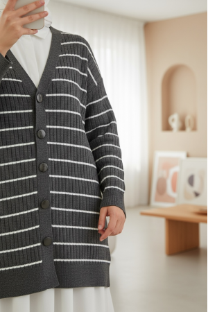 Fitilli Düğmeli Uzun Triko Hırka  -Füme