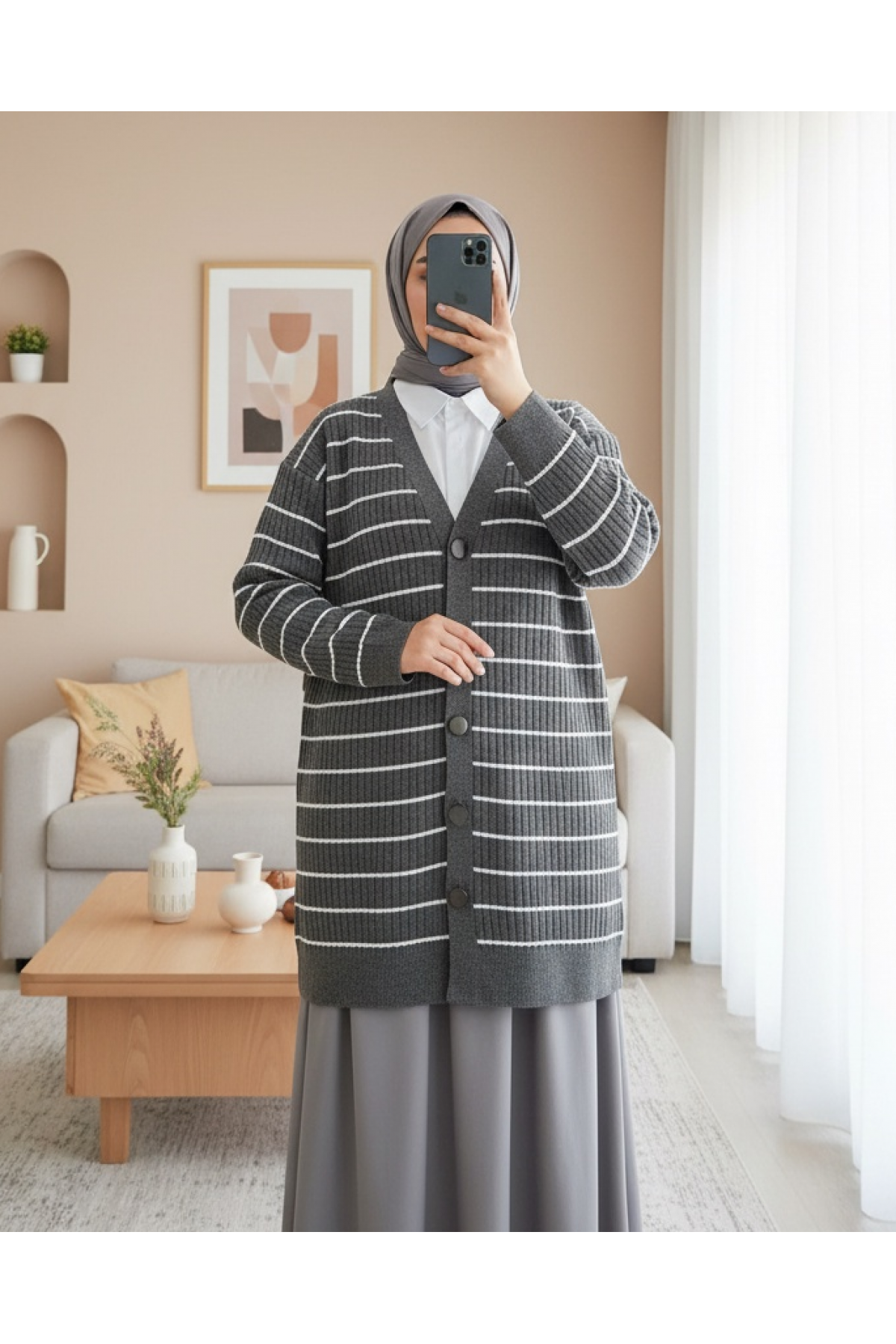 Long Knitwear Cardigan with Ribbed Buttons  -Smoked 